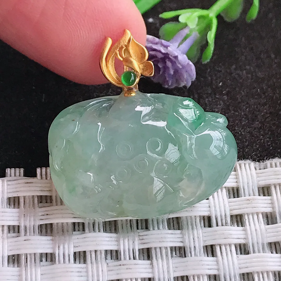 天然A货翡翠16.3/24.3/7.5老坑18k金镶嵌冰胶冰晴莲花吊坠翡翠玉挂件