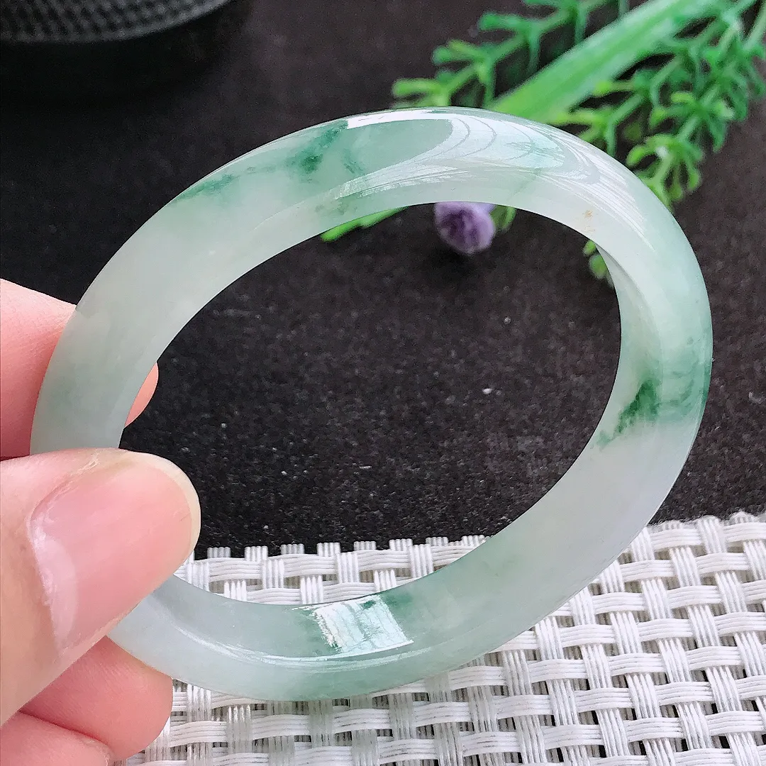 天然A货翡翠53/46/11.3/7.3老坑冰胶水灵冰飘花贵妃手镯翡翠玉镯