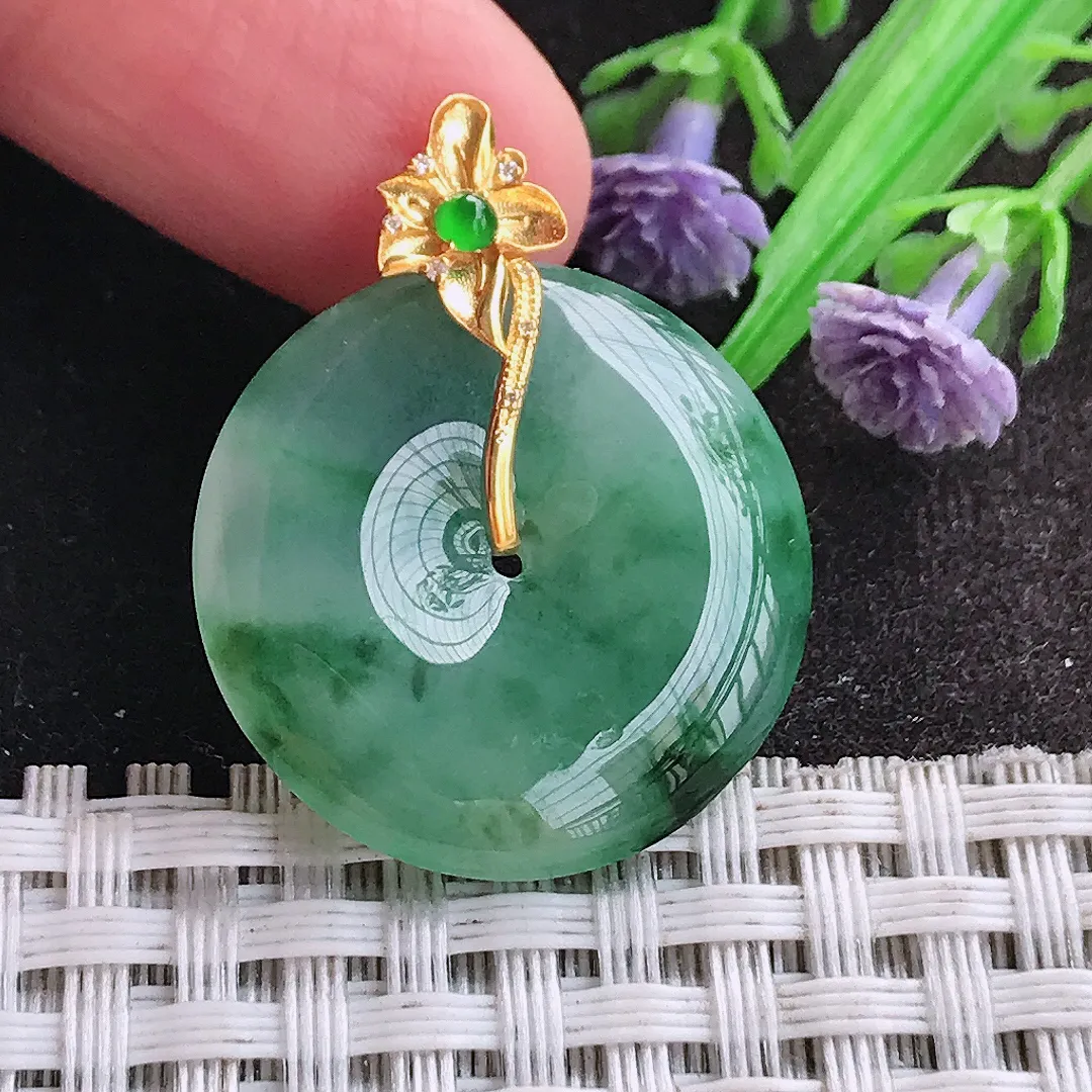 天然A货翡翠25/4.6老坑18k金镶嵌冰润飘花平安扣吊坠翡翠玉扣挂件