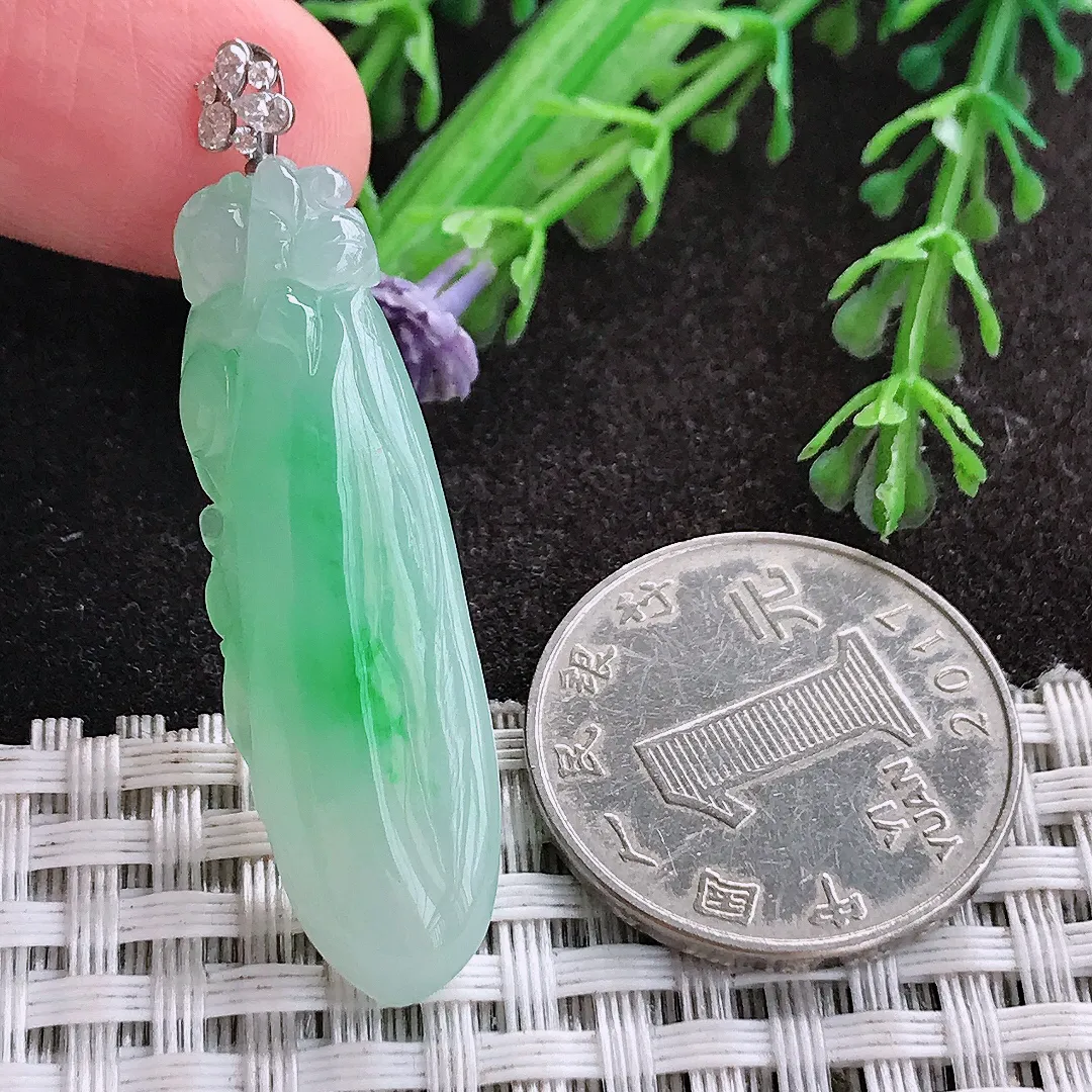 天然A货翡翠39.8/12.6/6.3老坑18k金镶嵌冰阳绿福瓜吊坠翡翠玉挂件