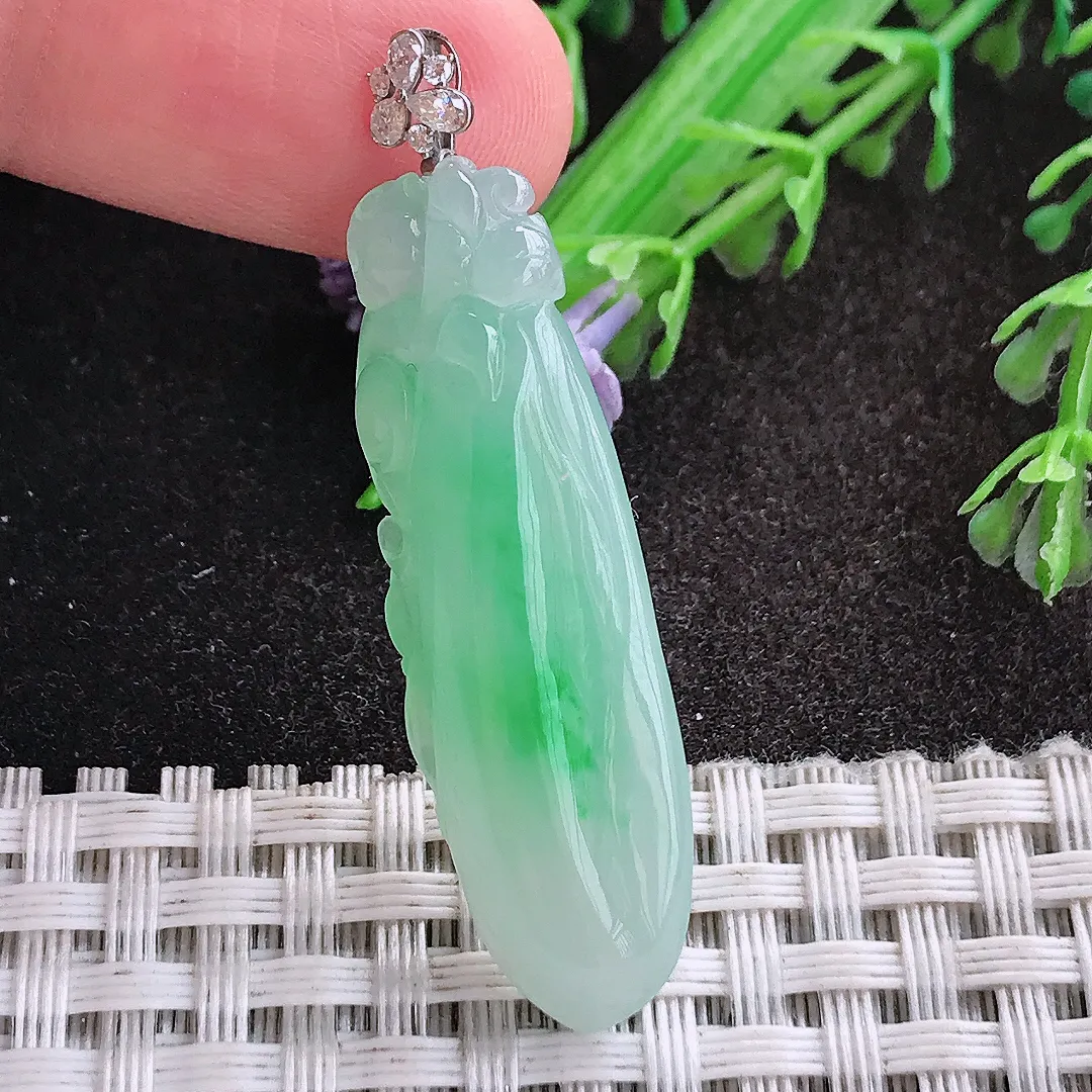 天然A货翡翠39.8/12.6/6.3老坑18k金镶嵌冰阳绿福瓜吊坠翡翠玉挂件