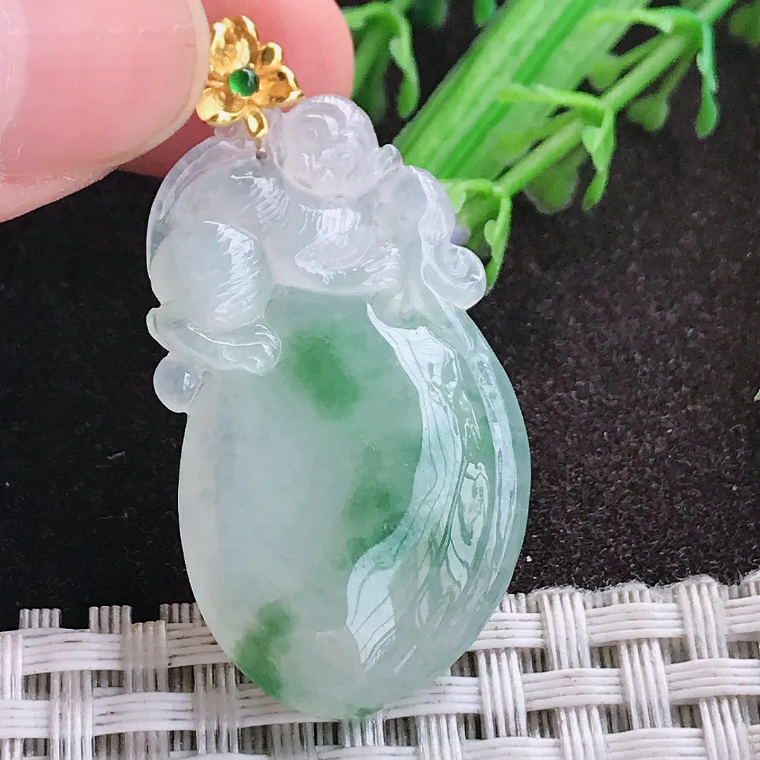 天然A货翡翠36.3/21/6.3老坑18k金镶嵌冰胶飘花寿桃吊坠翡翠桃子挂件