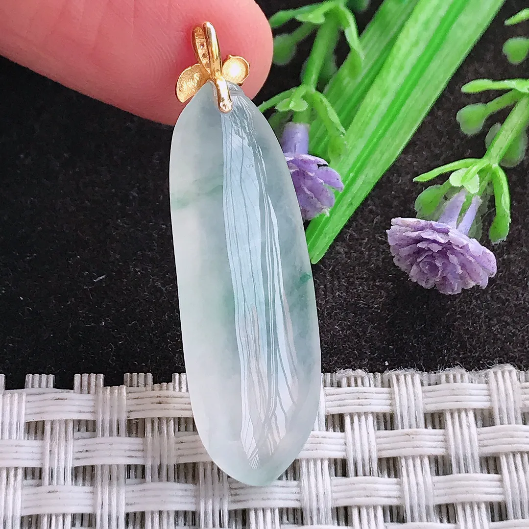 天然A货翡翠32/12/5老坑18k金镶嵌冰种飘花福瓜吊坠翡翠玉挂件