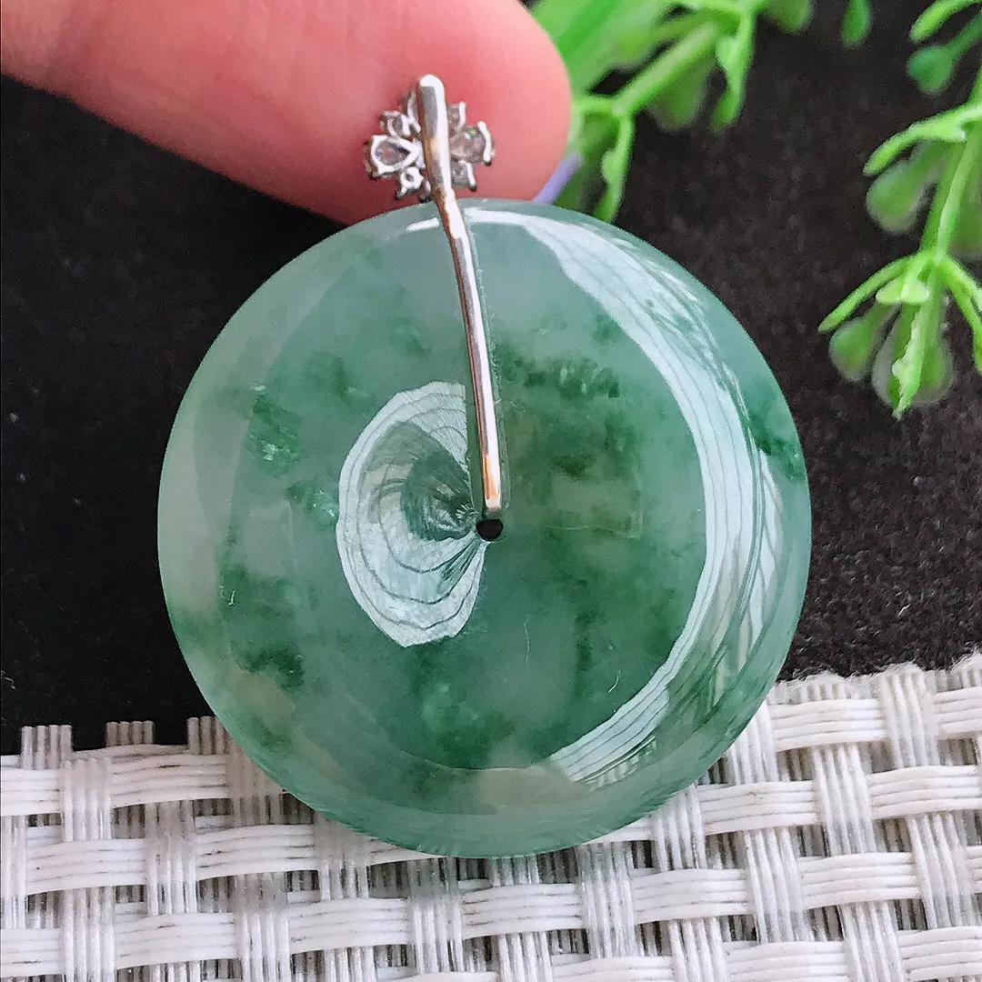 天然A货翡翠32.2/6.3老坑18k金镶嵌起胶冰飘花平安扣吊坠翡翠玉挂件