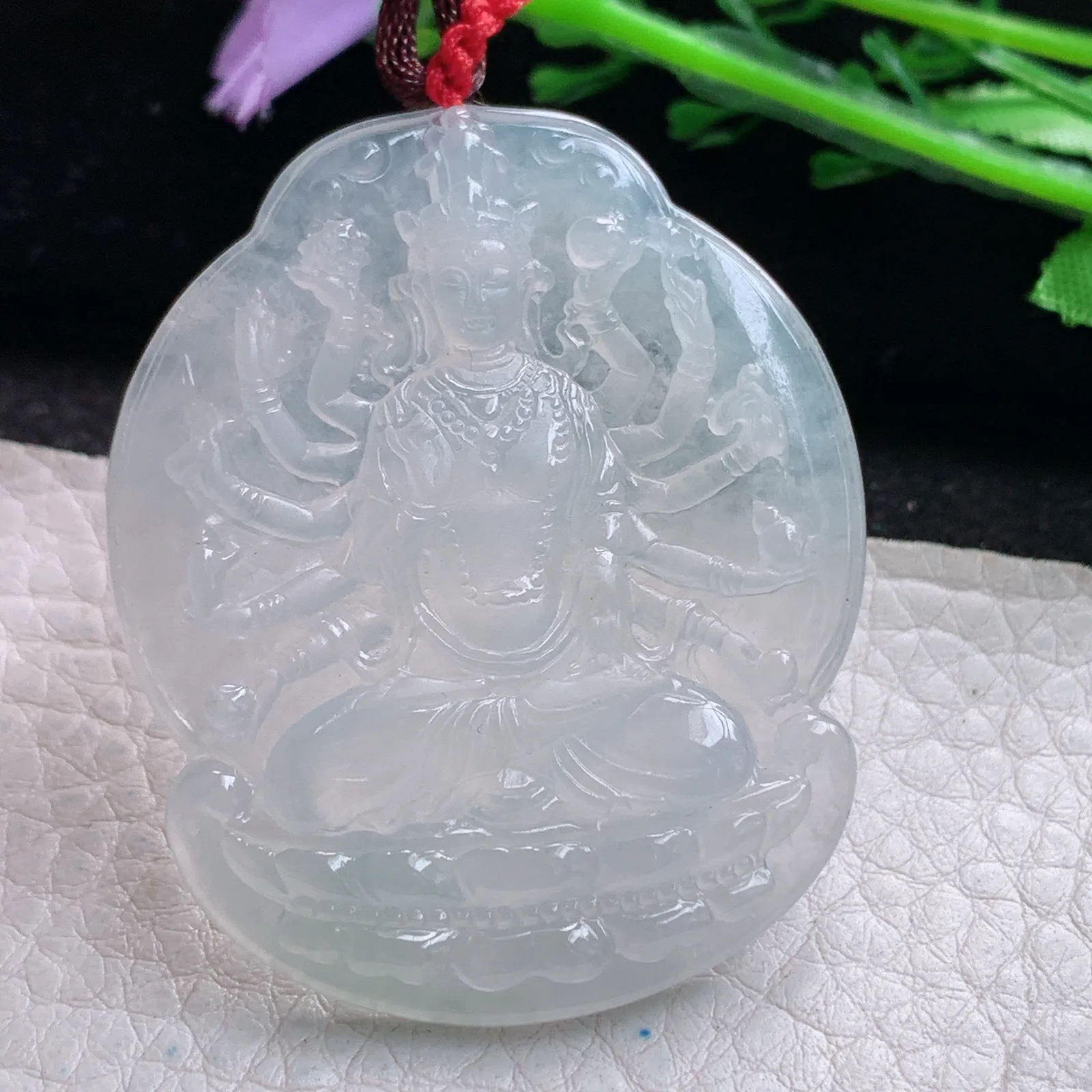 bg实拍49*40*5.5缅甸翡翠a货精雕冰起光千手观音 玉观音玉吊坠 玉挂件