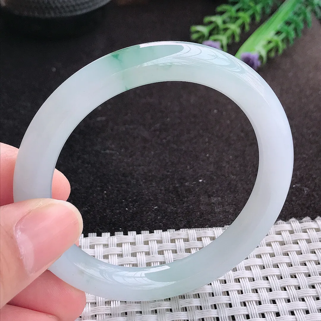 天然A货翡翠54.5/9老坑冰胶果冻飘花圆条手镯翡翠玉镯