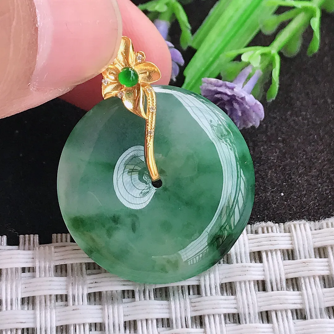 天然A货翡翠25/4.6老坑18k金镶嵌冰润飘花平安扣吊坠翡翠玉扣挂件