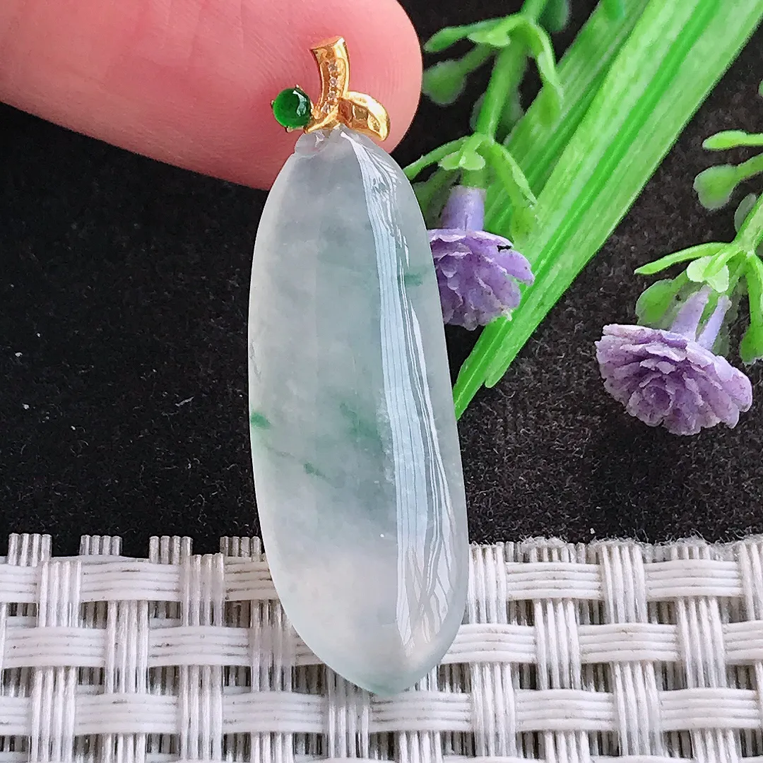 天然A货翡翠32/12/5老坑18k金镶嵌冰种飘花福瓜吊坠翡翠玉挂件