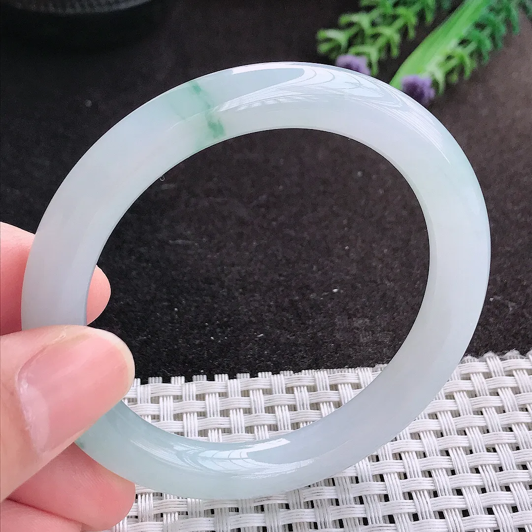 天然A货翡翠54.5/9老坑冰胶果冻飘花圆条手镯翡翠玉镯