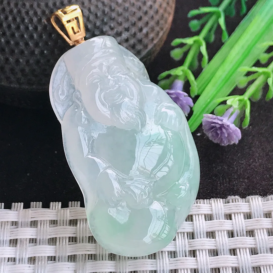 天然A货翡翠45.3/29/7.6老坑18k金镶嵌秀气冰胶财神爷吊坠翡翠玉挂件