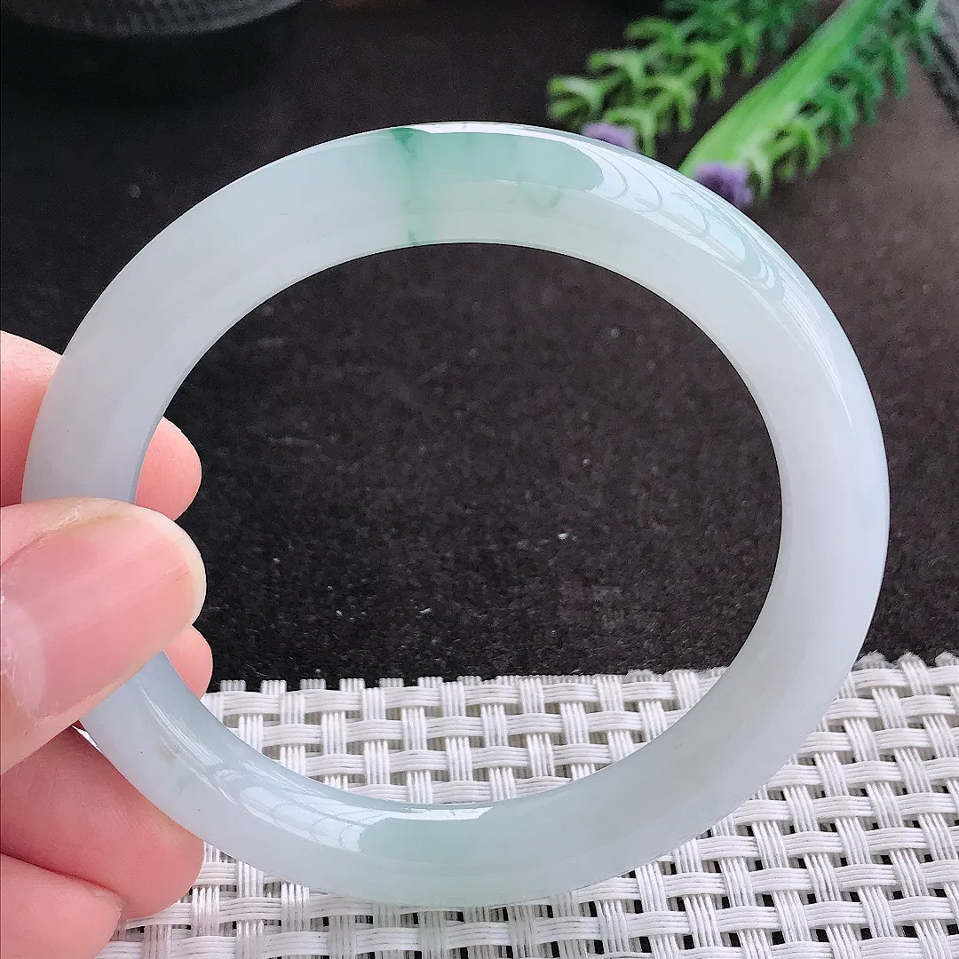 天然A货翡翠54.5/9老坑冰胶果冻飘花圆条手镯翡翠玉镯