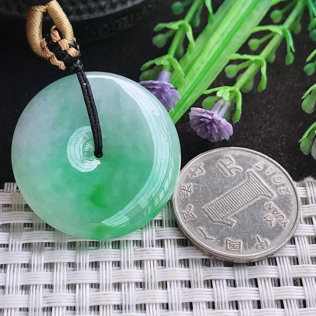 天然A货翡翠32/6.2老坑精美温润飘阳绿平安扣吊坠翡翠玉挂件