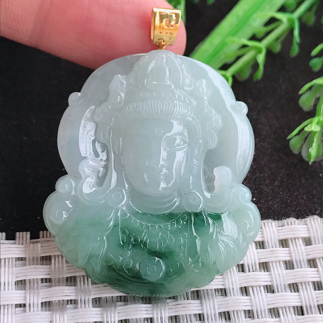 天然A货翡翠41/36.5/6老坑18k金镶嵌温润飘花观音首头吊坠翡翠玉挂件