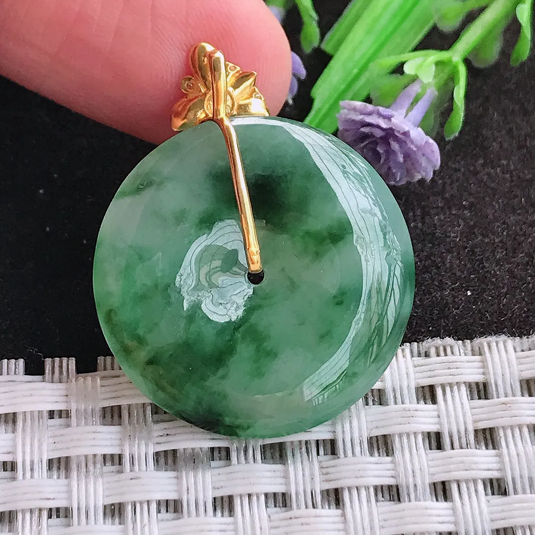 天然A货翡翠25/4.6老坑18k金镶嵌冰润飘花平安扣吊坠翡翠玉扣挂件