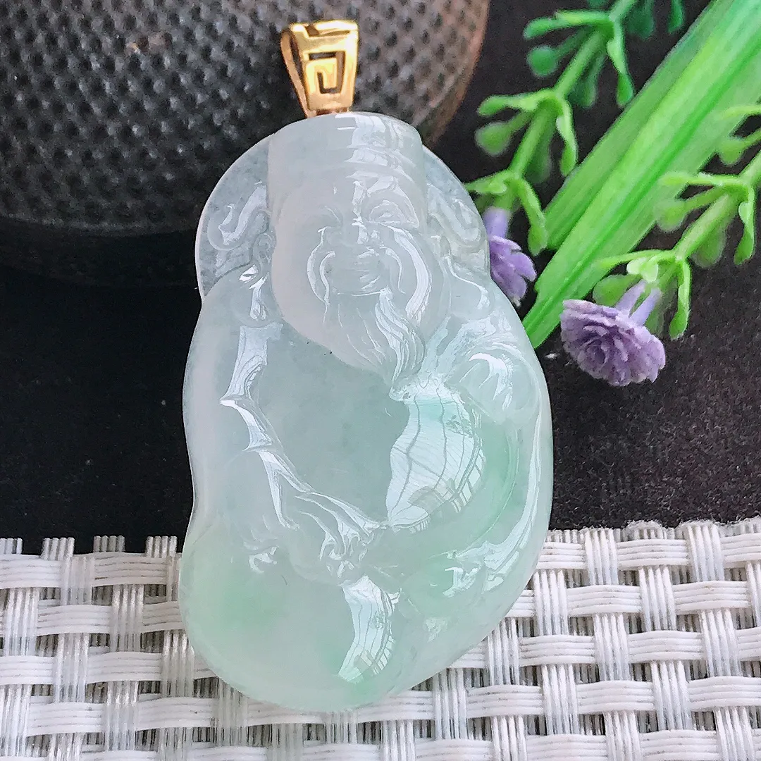 天然A货翡翠45.3/29/7.6老坑18k金镶嵌秀气冰胶财神爷吊坠翡翠玉挂件