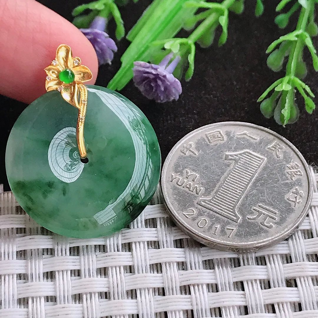 天然A货翡翠25/4.6老坑18k金镶嵌冰润飘花平安扣吊坠翡翠玉扣挂件