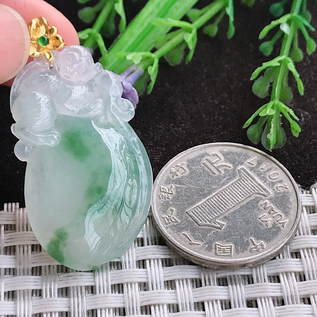 天然A货翡翠36.3/21/6.3老坑18k金镶嵌冰胶飘花寿桃吊坠翡翠桃子挂件