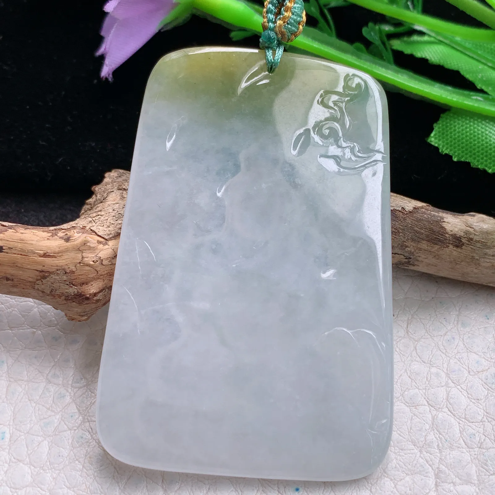 yn实拍58*39*4.8缅甸翡翠a货精雕冰双彩虚空藏菩萨玉吊坠 玉挂件