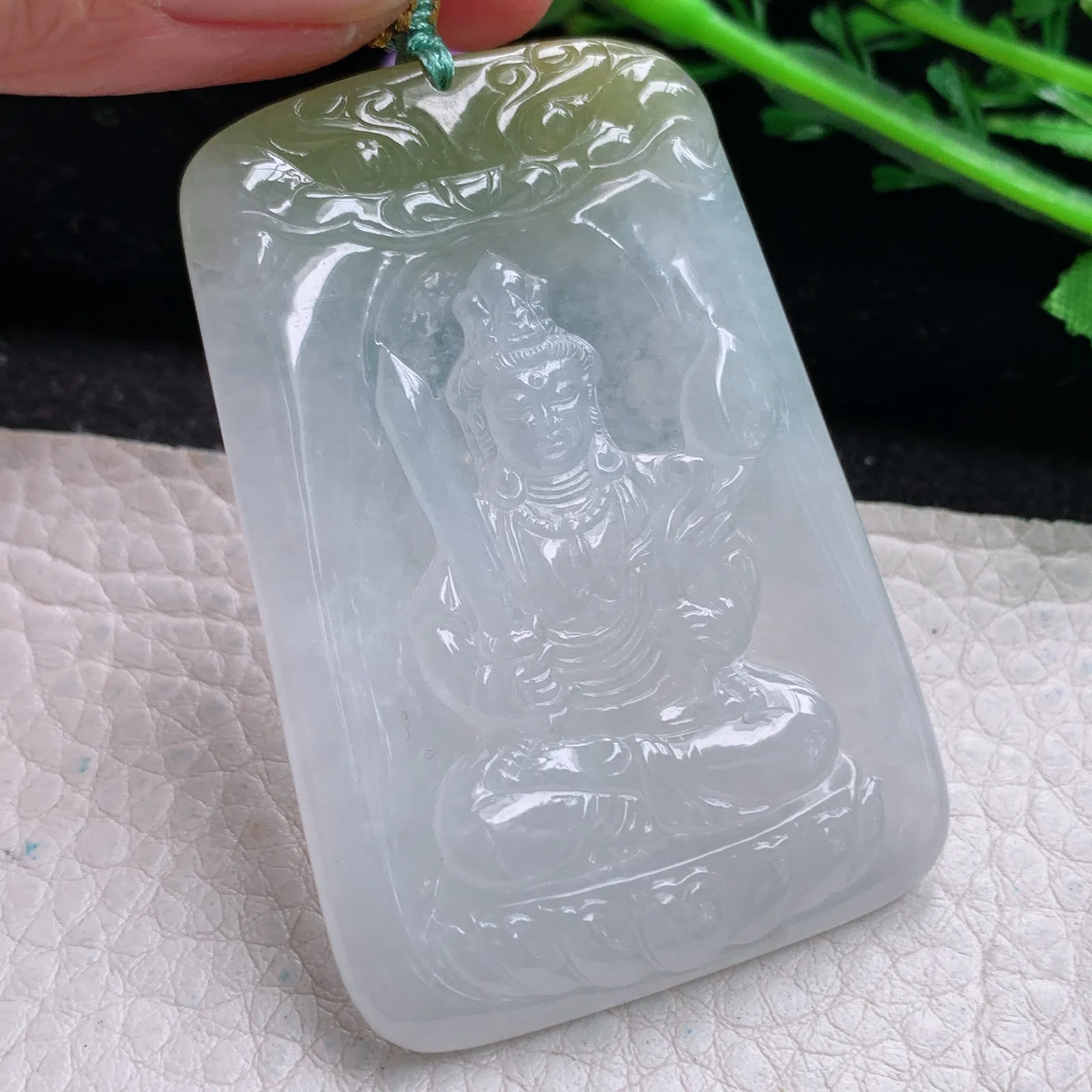 yn实拍58*39*4.8缅甸翡翠a货精雕冰双彩虚空藏菩萨玉吊坠 玉挂件