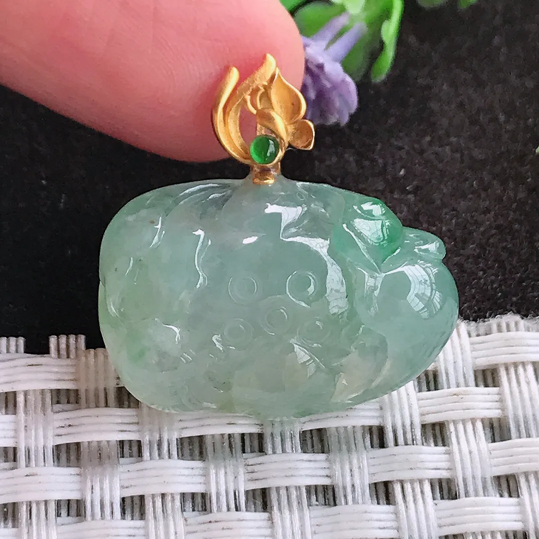 天然A货翡翠16.3/24.3/7.5老坑18k金镶嵌冰胶冰晴莲花吊坠翡翠玉挂件