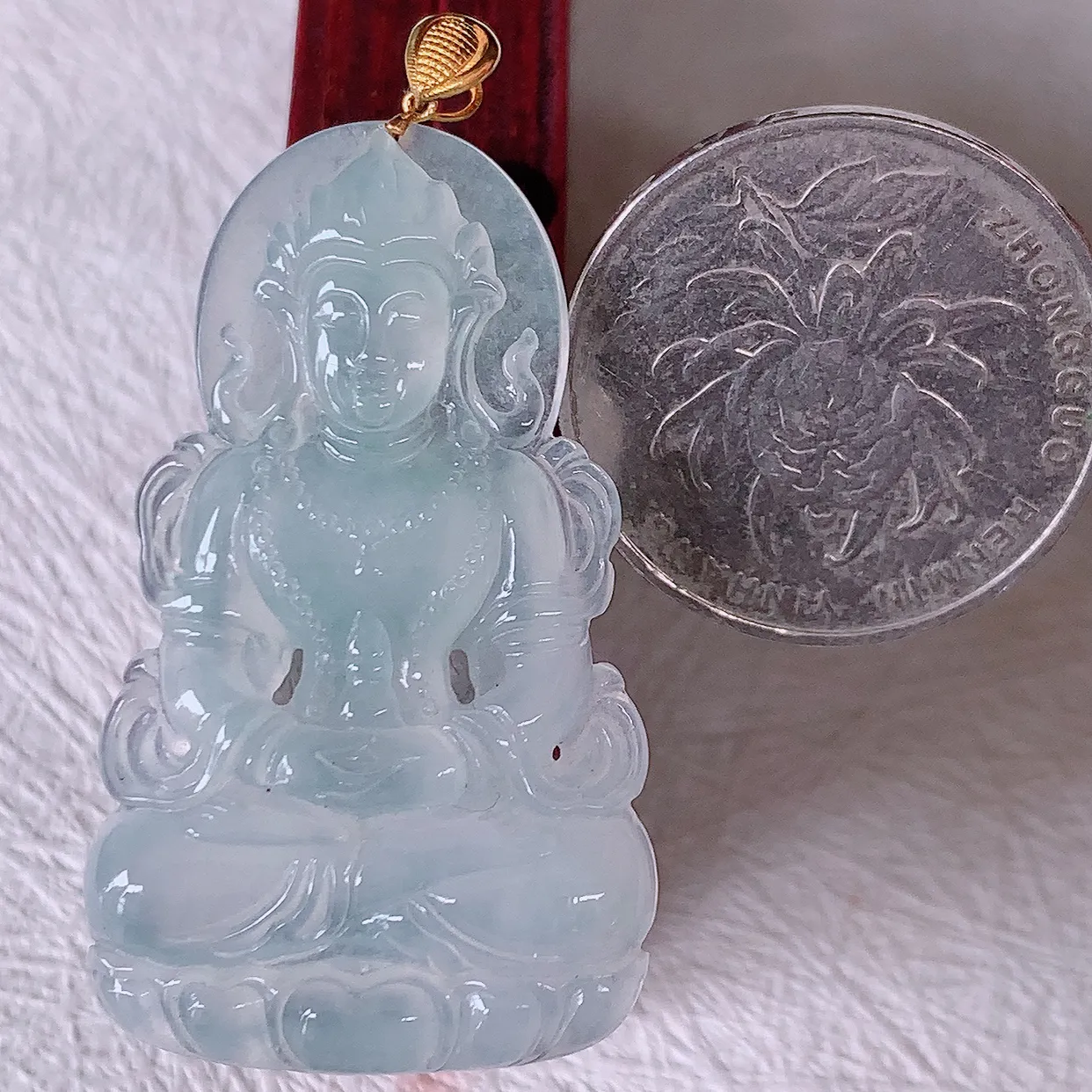 18K金镶嵌冰种翡翠度母观音菩萨吊坠，赐福翡翠观音，观音面相端庄，品相佳，佩戴气质！#57.9整体47裸石41*24.5*5