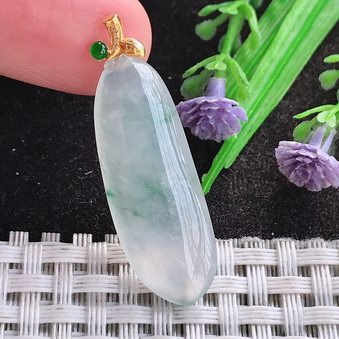 天然A货翡翠32/12/5老坑18k金镶嵌冰种飘花福瓜吊坠翡翠玉挂件