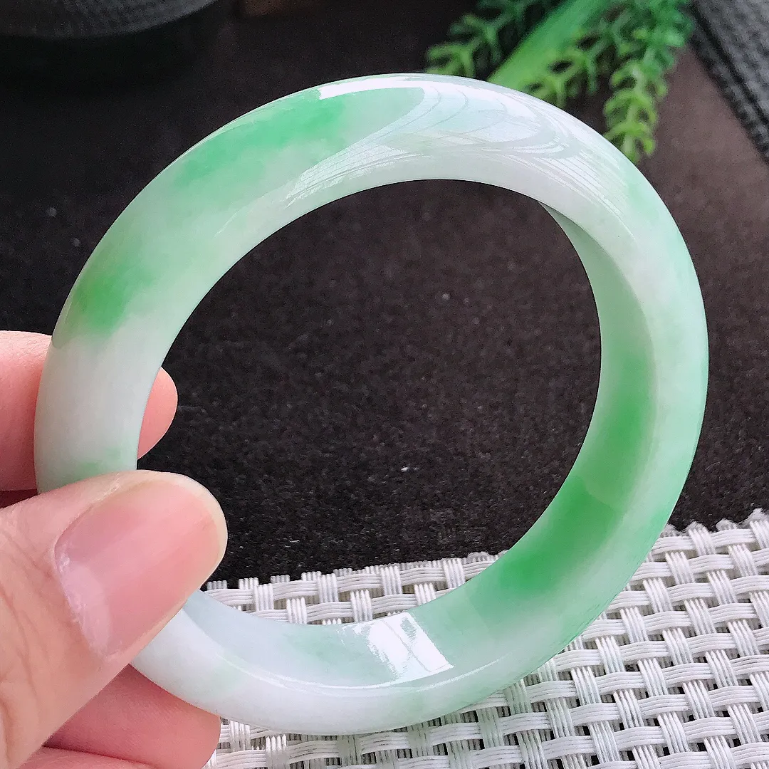 天然A货翡翠57.5/15/9.1老坑精美温苹果绿轮胎手镯宽边玉镯