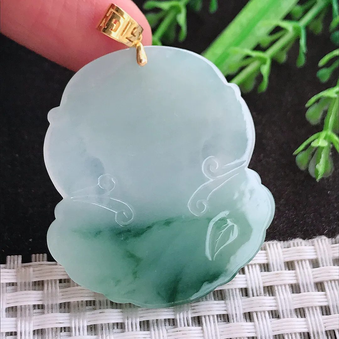 天然A货翡翠41/36.5/6老坑18k金镶嵌温润飘花观音首头吊坠翡翠玉挂件