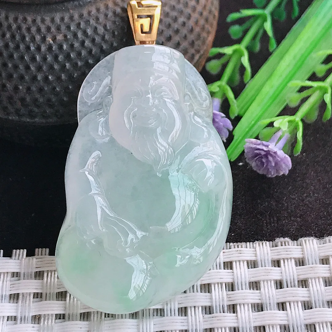 天然A货翡翠45.3/29/7.6老坑18k金镶嵌秀气冰胶财神爷吊坠翡翠玉挂件