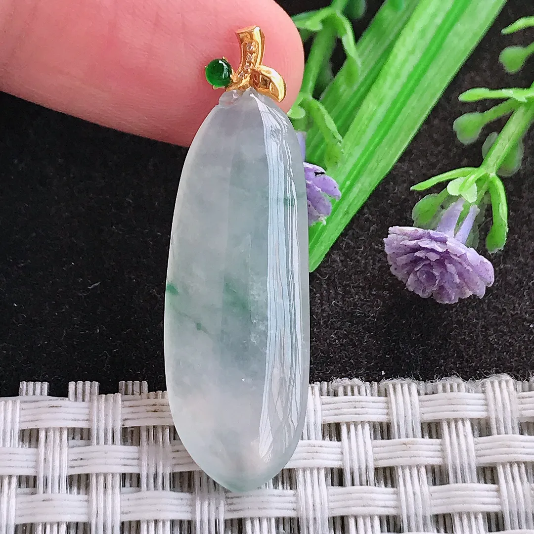 天然A货翡翠32/12/5老坑18k金镶嵌冰种飘花福瓜吊坠翡翠玉挂件