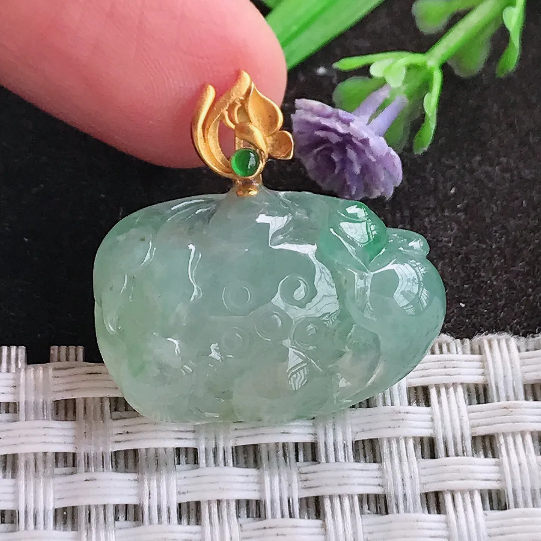 天然A货翡翠16.3/24.3/7.5老坑18k金镶嵌冰胶冰晴莲花吊坠翡翠玉挂件