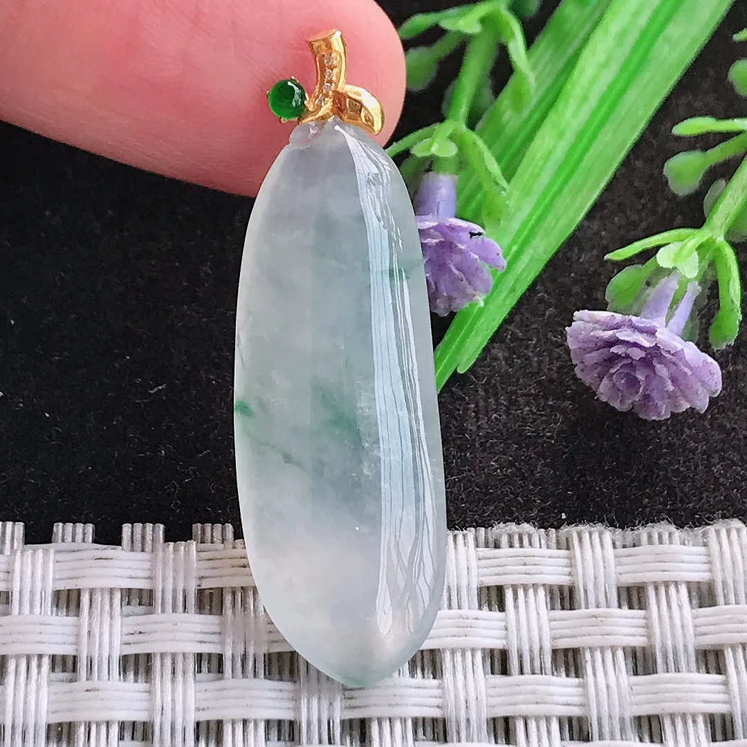 天然A货翡翠32/12/5老坑18k金镶嵌冰种飘花福瓜吊坠翡翠玉挂件