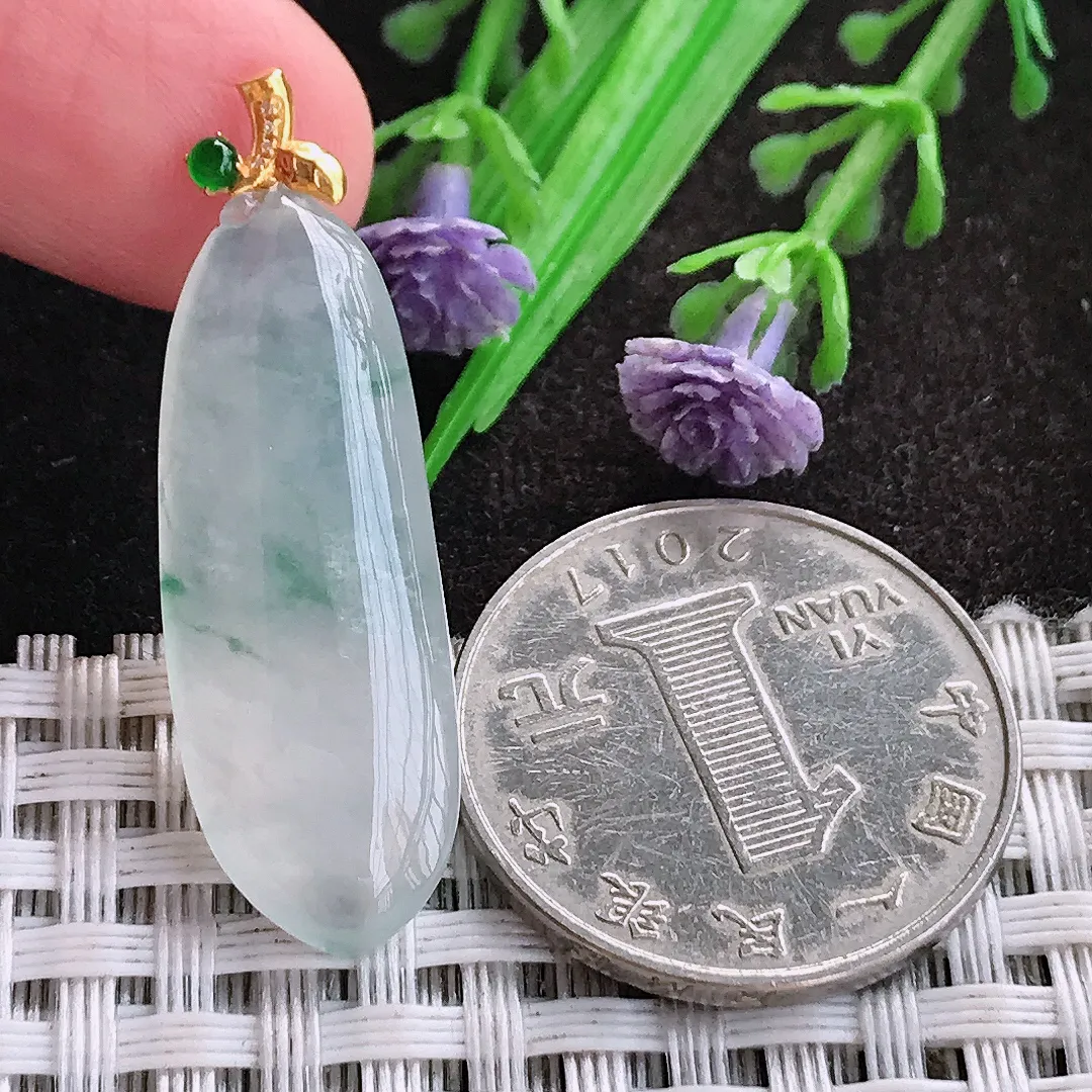 天然A货翡翠32/12/5老坑18k金镶嵌冰种飘花福瓜吊坠翡翠玉挂件