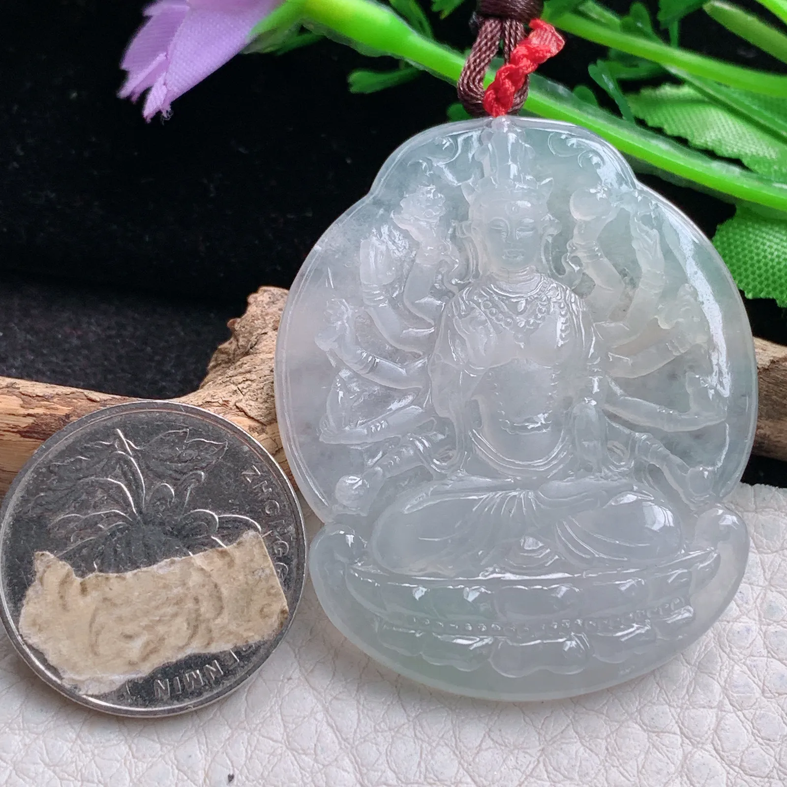 bg实拍49*40*5.5缅甸翡翠a货精雕冰起光千手观音 玉观音玉吊坠 玉挂件