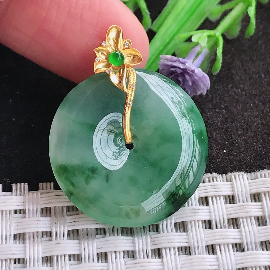 天然A货翡翠25/4.6老坑18k金镶嵌冰润飘花平安扣吊坠翡翠玉扣挂件