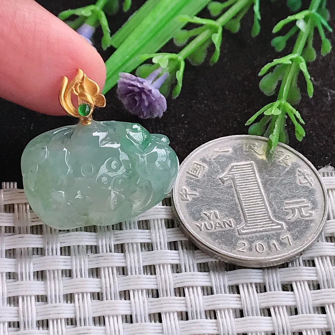 天然A货翡翠16.3/24.3/7.5老坑18k金镶嵌冰胶冰晴莲花吊坠翡翠玉挂件