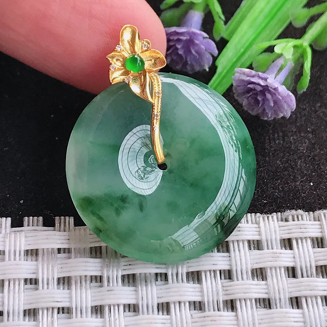 天然A货翡翠25/4.6老坑18k金镶嵌冰润飘花平安扣吊坠翡翠玉扣挂件