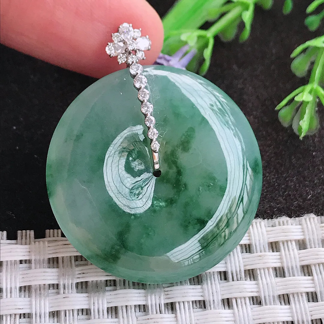 天然A货翡翠32.2/6.3老坑18k金镶嵌起胶冰飘花平安扣吊坠翡翠玉挂件