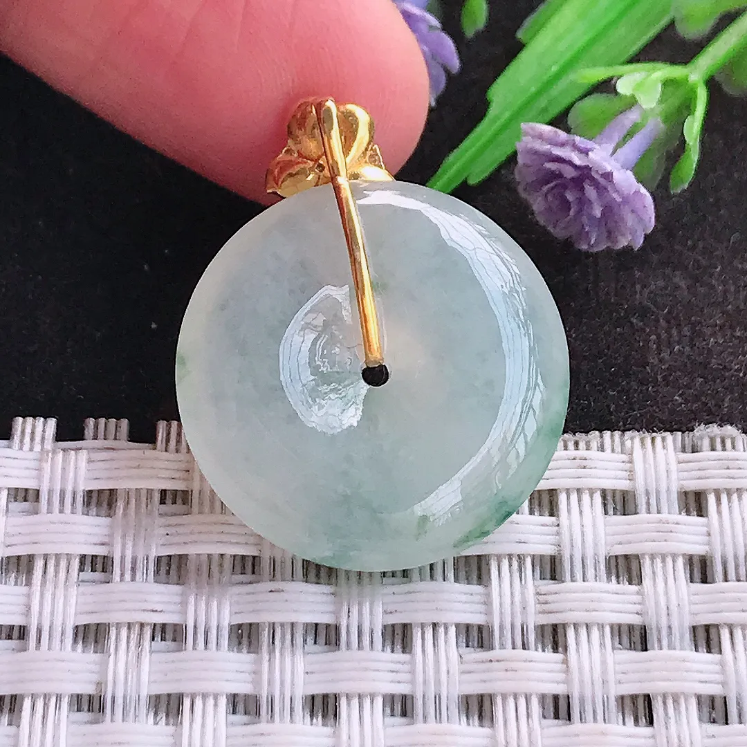 天然A货翡翠21.6/5.7老坑18k金镶嵌冰胶飘花平安扣吊坠翡翠小扣子