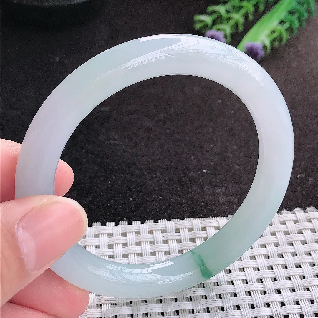 天然A货翡翠54.5/9老坑冰胶果冻飘花圆条手镯翡翠玉镯