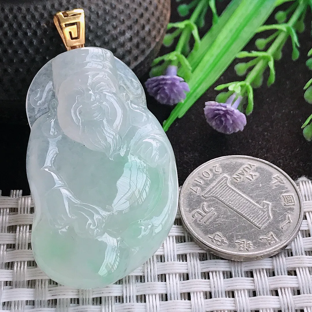 天然A货翡翠45.3/29/7.6老坑18k金镶嵌秀气冰胶财神爷吊坠翡翠玉挂件