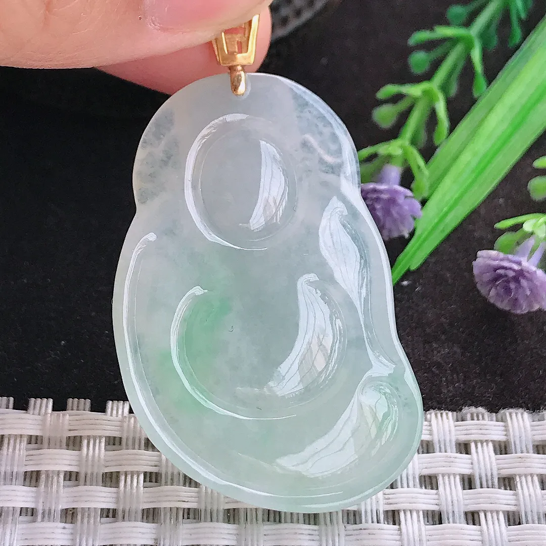 天然A货翡翠45.3/29/7.6老坑18k金镶嵌秀气冰胶财神爷吊坠翡翠玉挂件