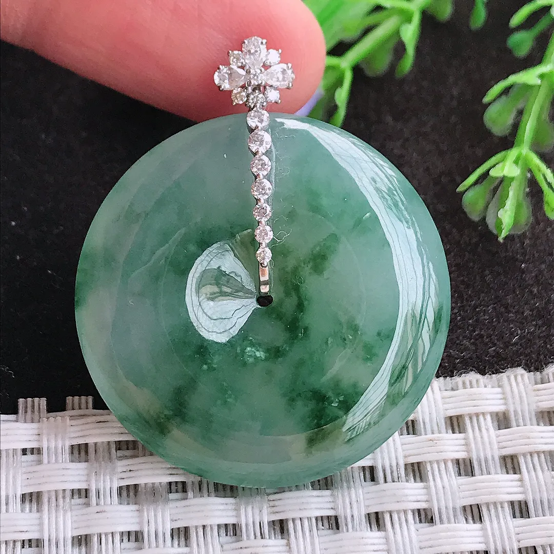 天然A货翡翠32.2/6.3老坑18k金镶嵌起胶冰飘花平安扣吊坠翡翠玉挂件