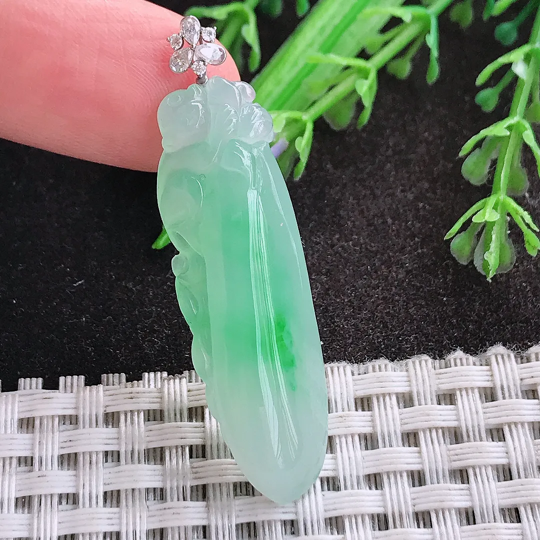 天然A货翡翠39.8/12.6/6.3老坑18k金镶嵌冰阳绿福瓜吊坠翡翠玉挂件