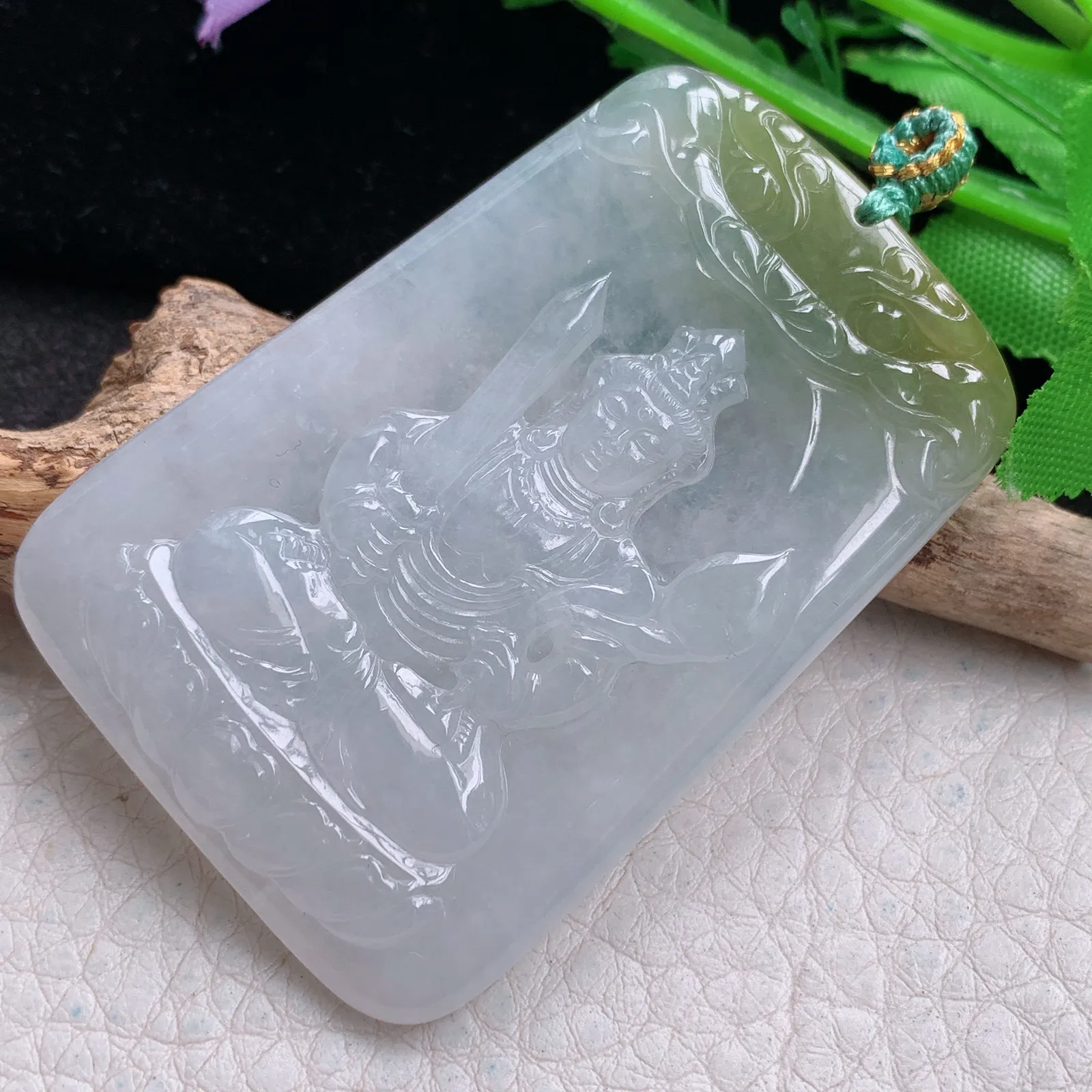 yn实拍58*39*4.8缅甸翡翠a货精雕冰双彩虚空藏菩萨玉吊坠 玉挂件