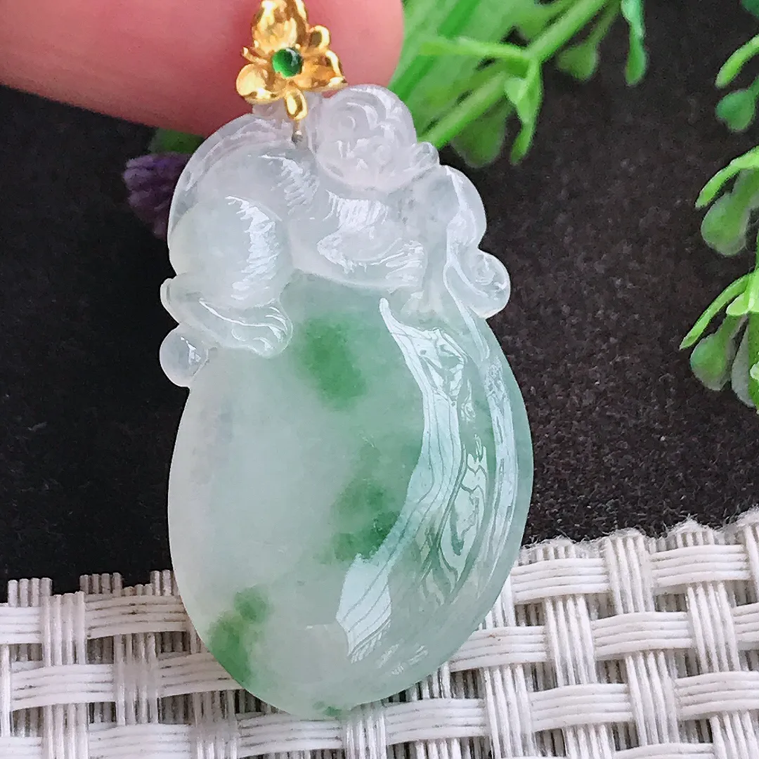 天然A货翡翠36.3/21/6.3老坑18k金镶嵌冰胶飘花寿桃吊坠翡翠桃子挂件