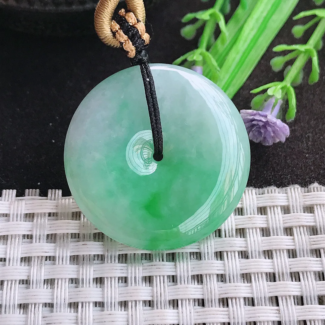 天然A货翡翠32/6.2老坑精美温润飘阳绿平安扣吊坠翡翠玉挂件