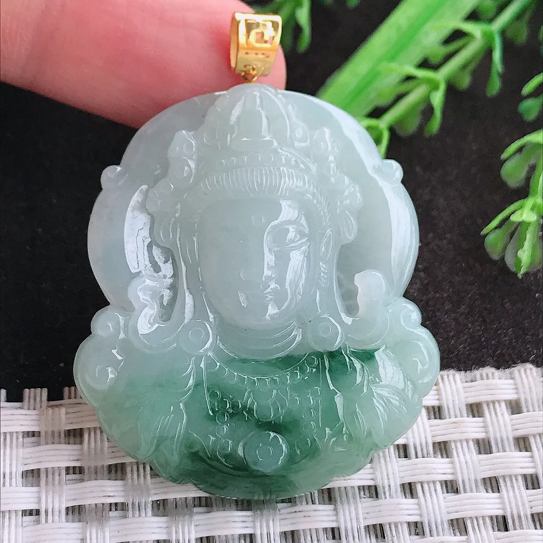 天然A货翡翠41/36.5/6老坑18k金镶嵌温润飘花观音首头吊坠翡翠玉挂件