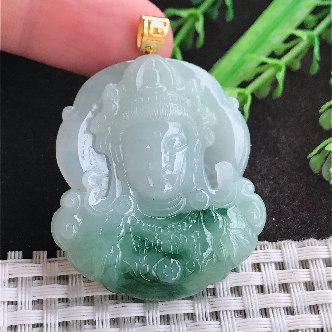 天然A货翡翠41/36.5/6老坑18k金镶嵌温润飘花观音首头吊坠翡翠玉挂件