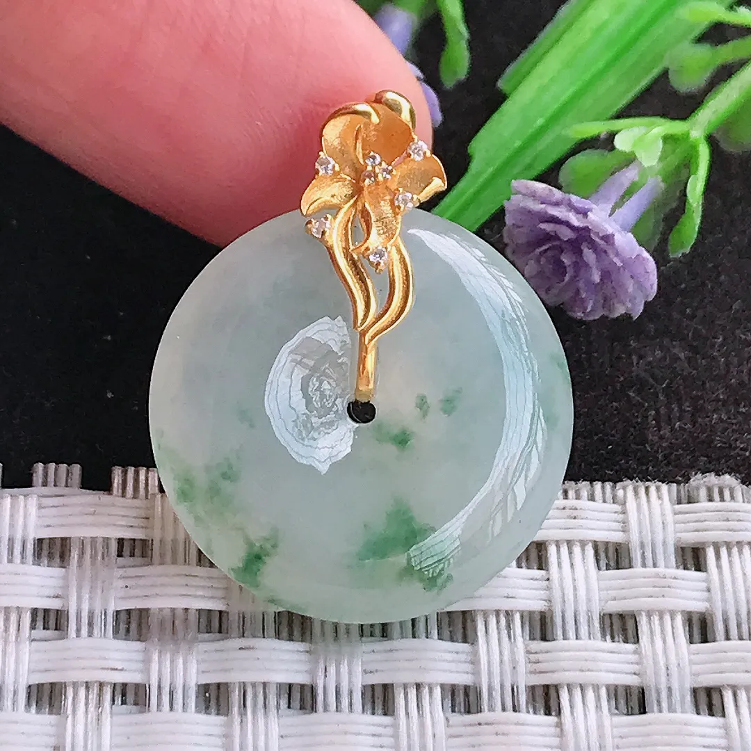 天然A货翡翠21.6/5.7老坑18k金镶嵌冰胶飘花平安扣吊坠翡翠小扣子